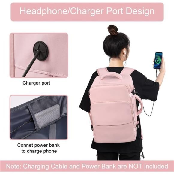 Large Pink Travel & Laptop Backpack for Women, with USB Charging Port